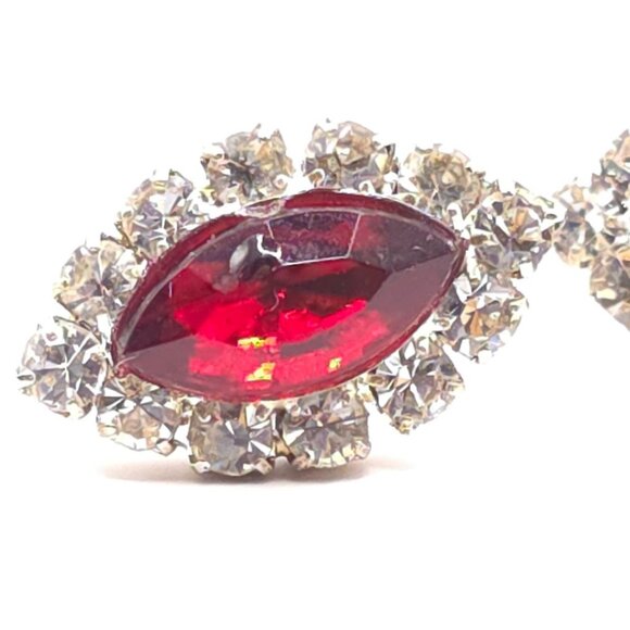 Vintage Ruby Red Rhinestone Stud Earrings With Silver-Tone Setting - Picture 5 of 7
